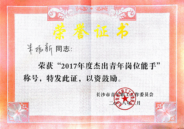 3044am永利集团智能朱振新荣获长沙市2017年度优异青年岗位能手