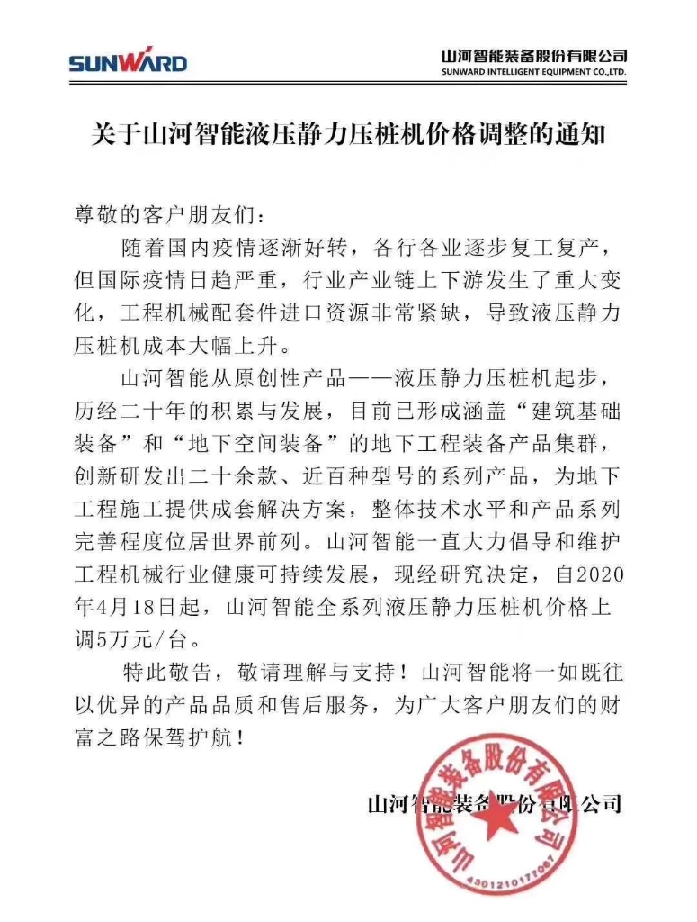 关于3044am永利集团智能液压静力压桩机价钱调解的通知